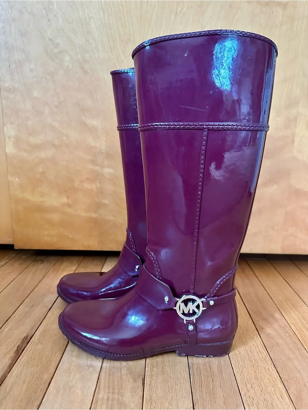 Michael Kors Glossy Burgundy Knee-High Rain Boots with Gold MK Accent